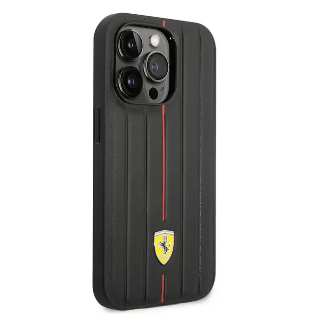 Ferrari iPhone 14 Pro Leather Case With Embossed Stripes & Yellow Shield Logo - Black Accessories > Mobiles & Tablets >