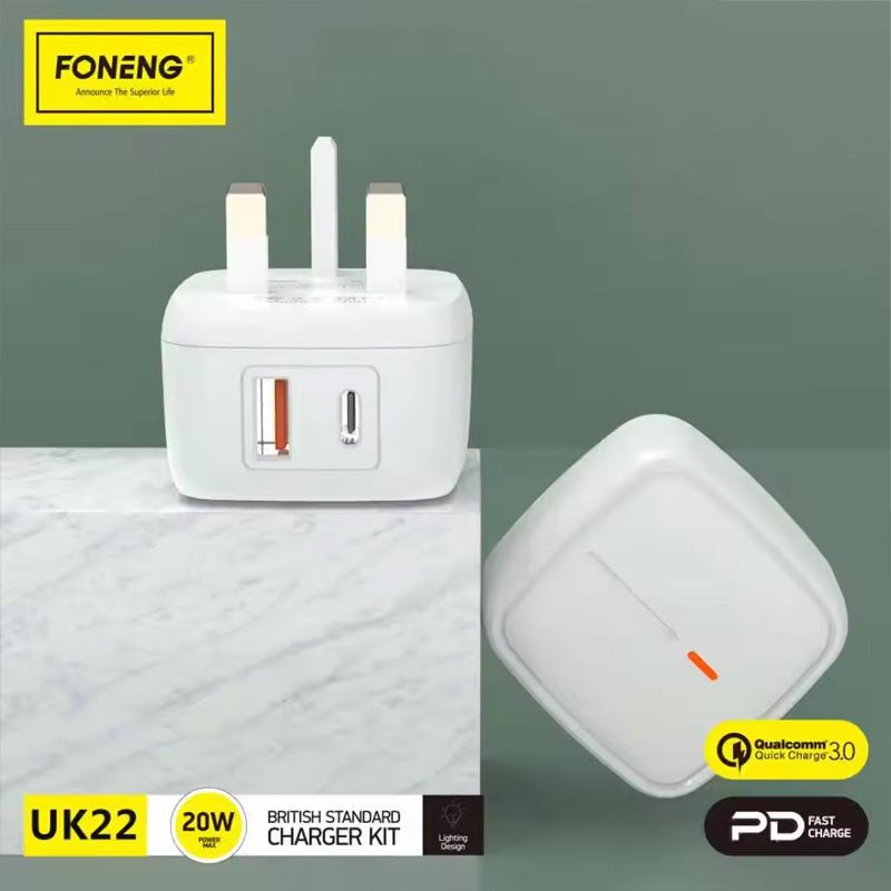 Foneng Fast Charger - UK22 / Type-C / Qc+PD / 20W / White