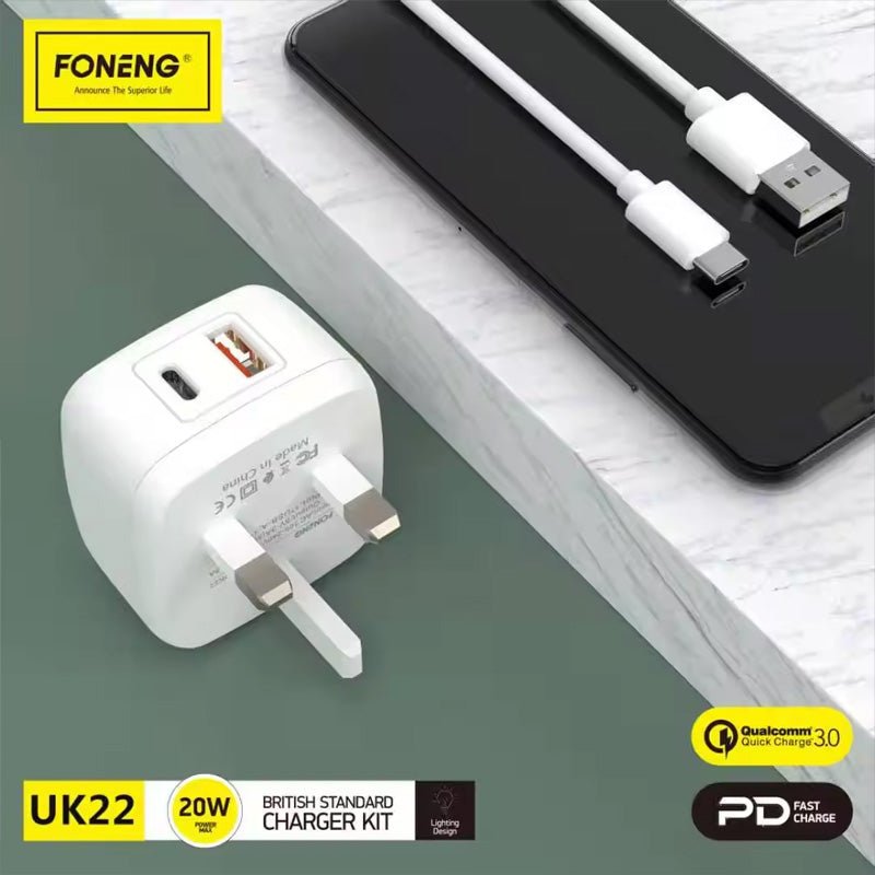 Foneng Fast Charger - UK22 / Type-C / Qc+PD / 20W / White