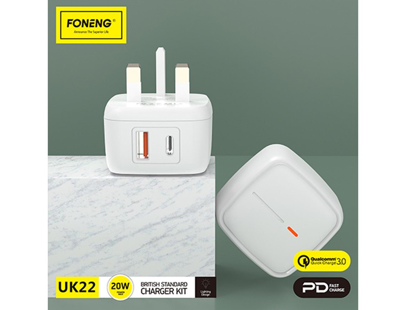 Foneng Fast Charger  - UK22 / 20W / (Qc+PD) / White