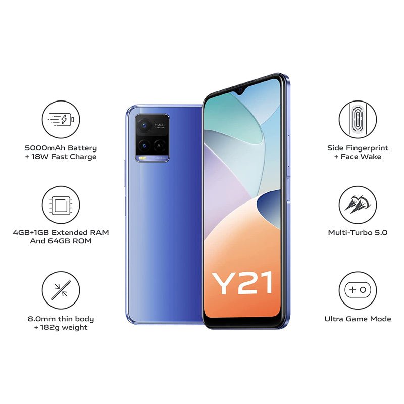 Vivo Y21 - 64 جيجابايت / 6.51" HD+ / 4جي / واي-فاي / Metallic أزرق - هاتف