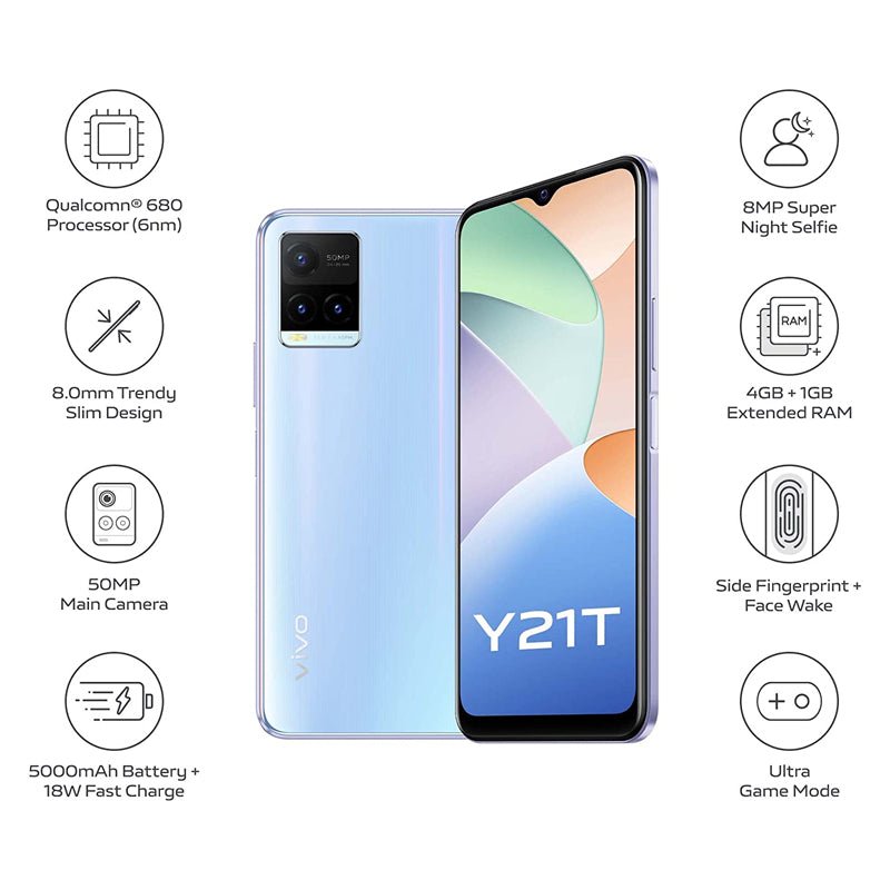 Vivo Y21T - 128 جيجابايت / 6.51" HD+ / 4جي / واي-فاي / Pearl أبيض - هاتف
