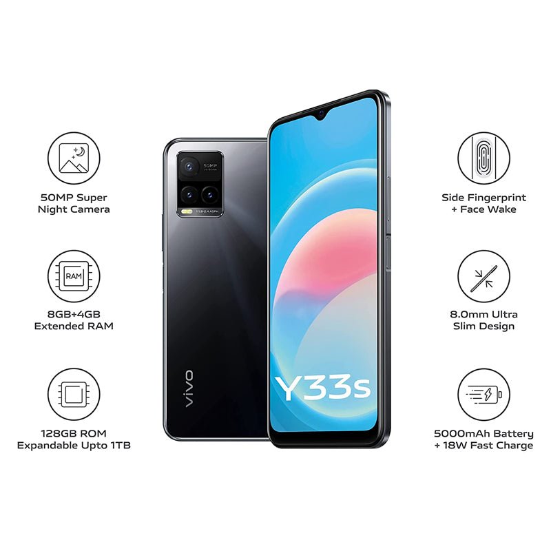 Vivo Y33s - 128 جيجابايت / 6.58 بوصة FHD+ / 4جي  واي-فاي / مرآة أسود  هاتف