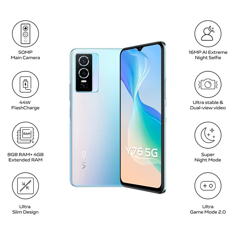 Vivo Y76 - 128 جيجابايت / 6.58 بوصة FHD+ / 5جي .58 بوصة FHD / 5جي / واي-فاي / كوزميك أورورا - هاتف