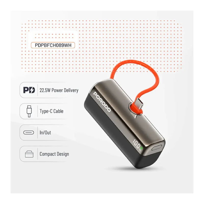 Porodo Pocket Volt Power Bank - 5000mAh / 22.5W / USB-C / Black