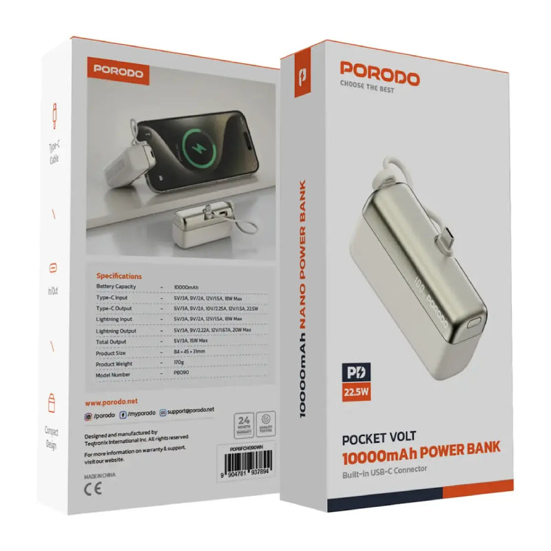 Porodo Pocket Volt Power Bank - 10000mAh / 22.5W / USB-C / White