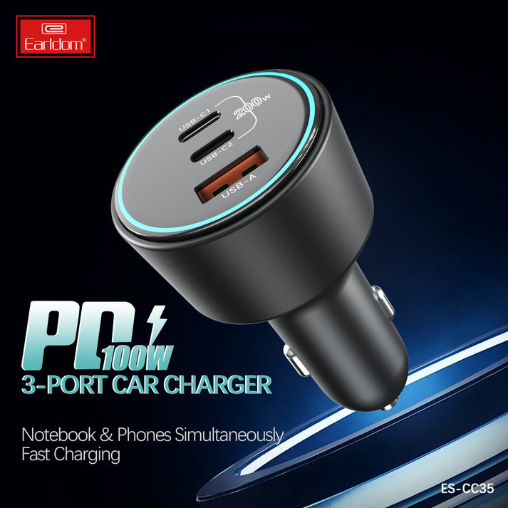 Earldom ES-CC35 Car Charger - 2.4A / USB-C / USB-C / Black