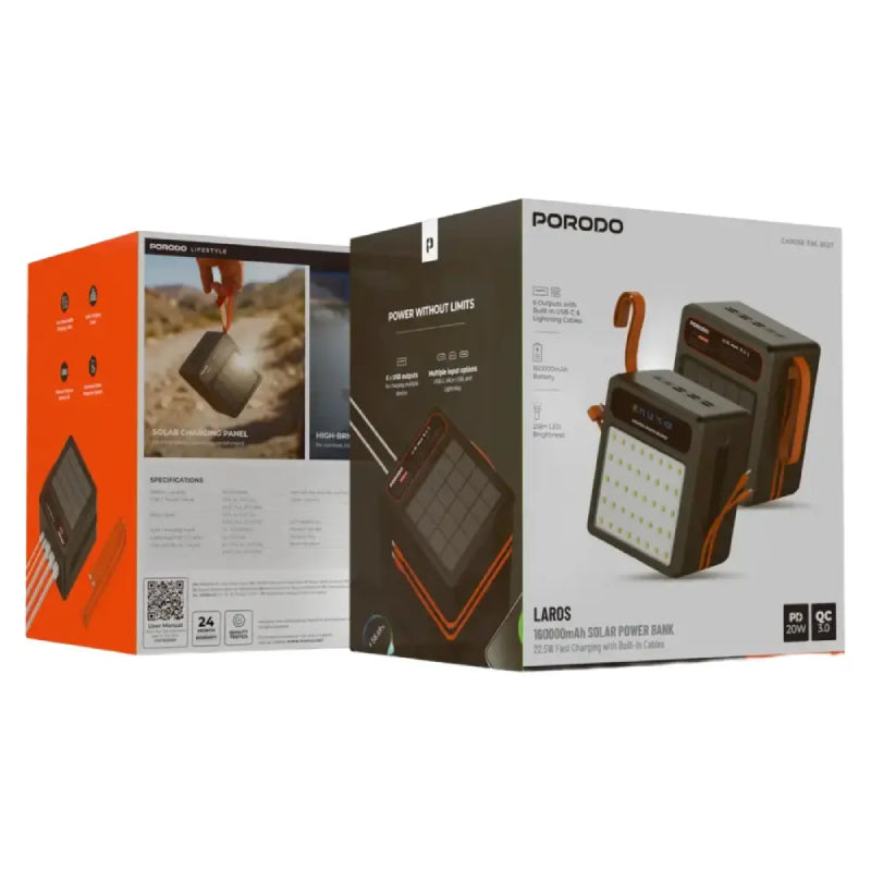 Porodo Larousse Solar Power Bank with LED Light and Built-in Cables - 160000mAh / 22.5W / USB-A / USB-C / Black