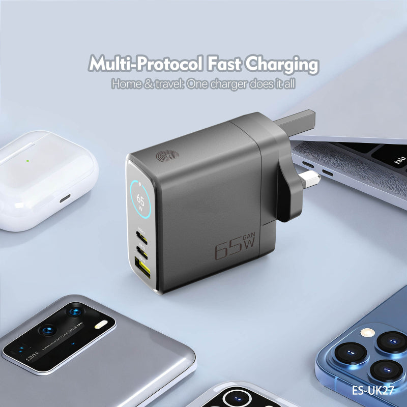 Earldom GaN Fast Charging Power Adapter - 65W / USB-C / USB-A / Black