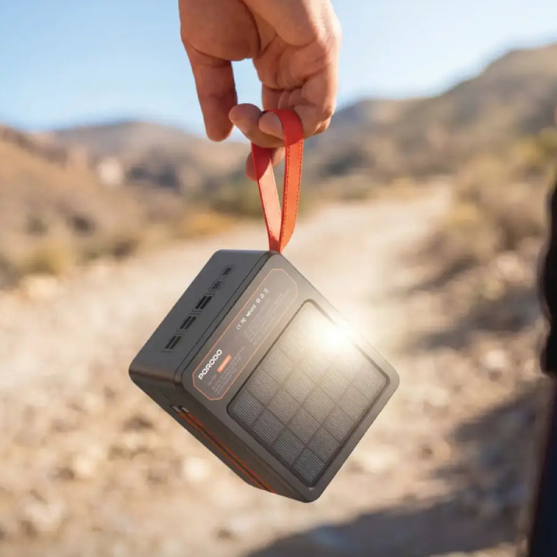 Porodo Larousse Solar Power Bank with LED Light and Built-in Cables - 160000mAh / 22.5W / USB-A / USB-C / Black