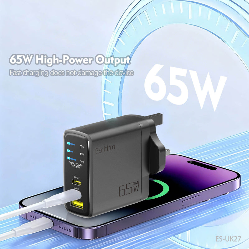 Earldom GaN Fast Charging Power Adapter - 65W / USB-C / USB-A / Black