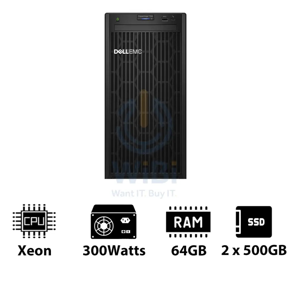 Dell PowerEdge T150 - Xeon-3.10GHz / 4-Cores / 64GB / 2 x 500GB SSD / 1x 300Watts / Tower Server & Workstations >
