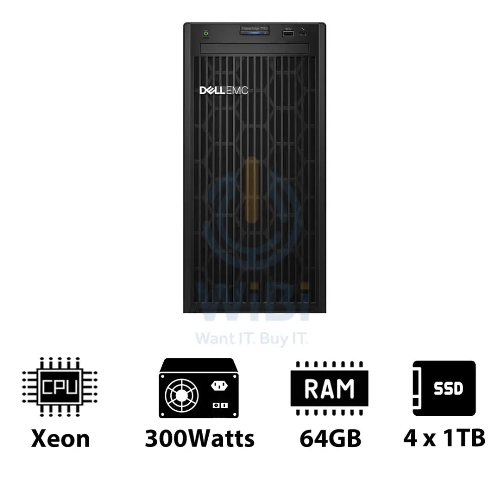 Dell PowerEdge T150 - Xeon-3.10GHz / 4-Cores / 64GB / 4 x 1TB SSD / 1x 300Watts / Tower Server & Workstations > Servers