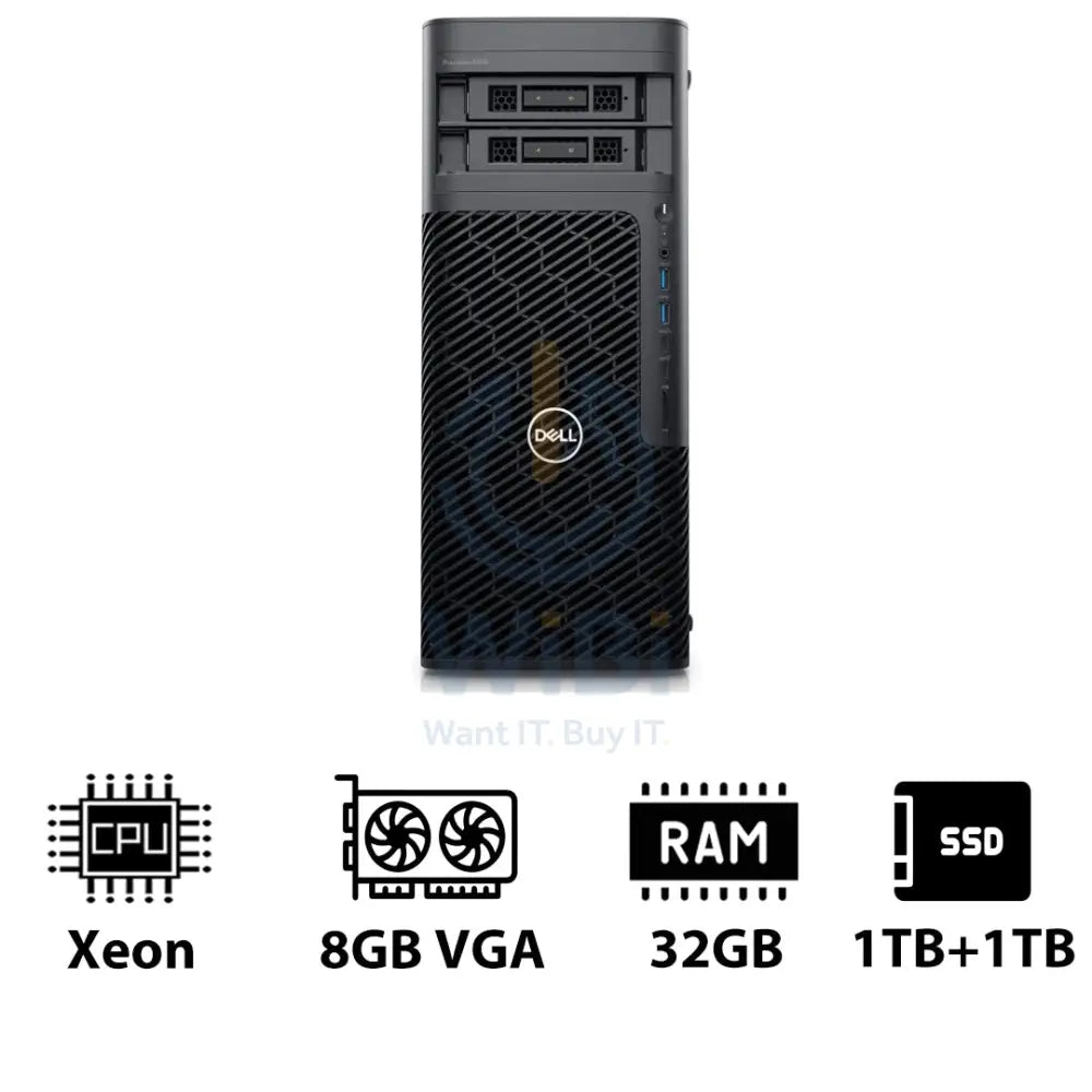 ديل دقة 5860 برج محطة عمل - Xeon W3-2423 / 6 نوى / 32 جيجابايت / 1 تيرابايت + 1 تيرابايت (NVMe م.2 إس إس دي) / كوادرو T1000 8 جيجابايت في جي إيه