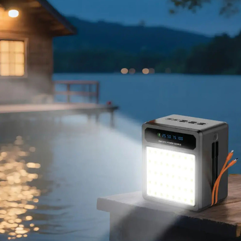 Porodo Larousse Solar Power Bank with LED Light and Built-in Cables - 160000mAh / 22.5W / USB-A / USB-C / Black
