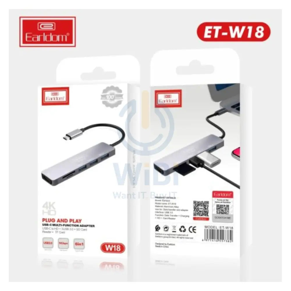 Earldom ET-W18 6 In 1 Type-C 4K HDMI Plug & Play Multifunctional HUB Accessories > USB Hub