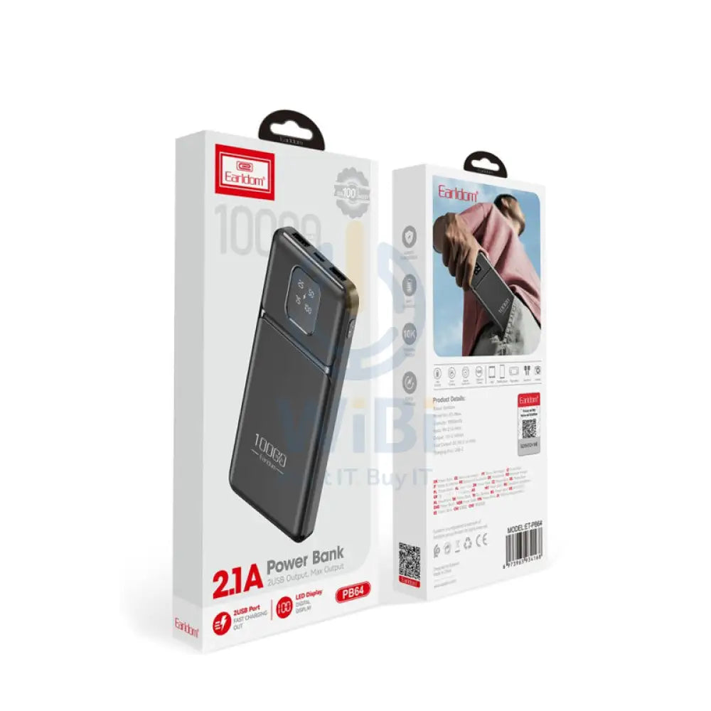 Earldom PB64 Backup Phone Charger Powerbank - 10000mAh / LCD / Type-C / USB - Black Accessories > Power Bank