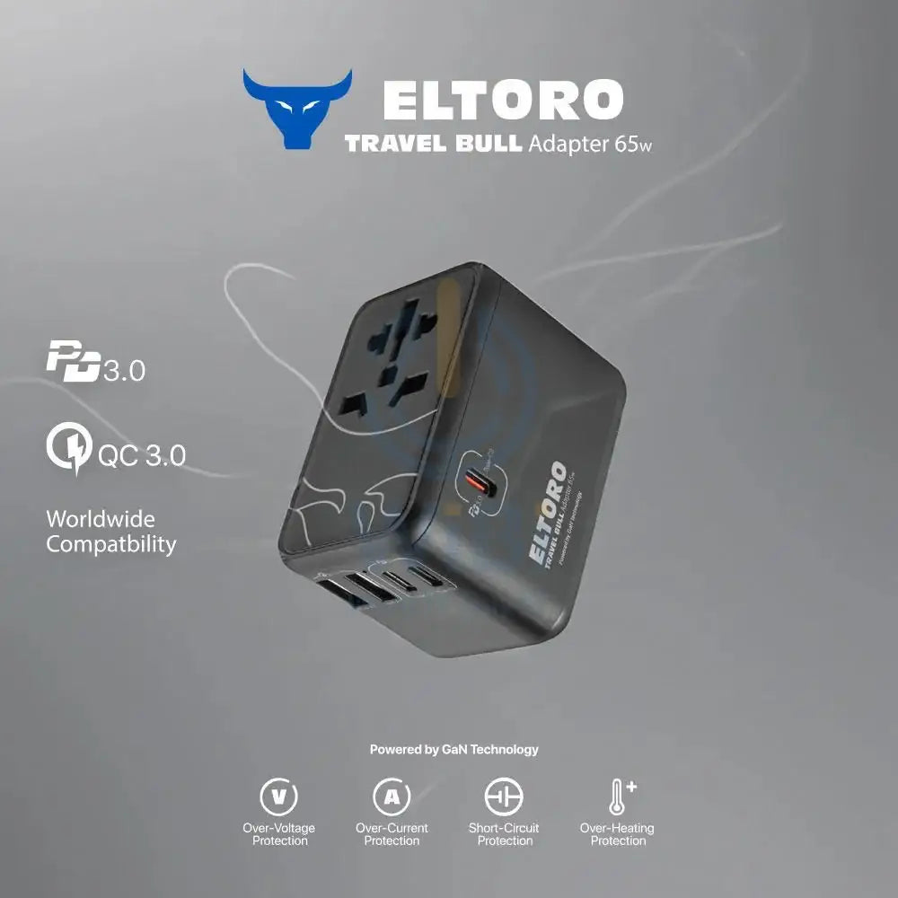 Eltoro 65W Travel Bull Adapter PD GaN Tech USB-A 2 Ports/USB-C 3 Ports – Black Accessories > Power Adapters