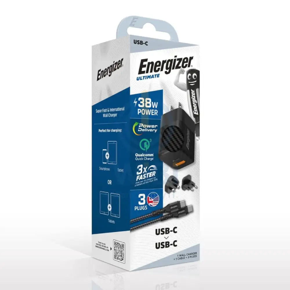 Energizer Ultimate Wall Charger with Universal Plug with Type-C Cable - 38W / Type-C / USB-A / Black Accessories >