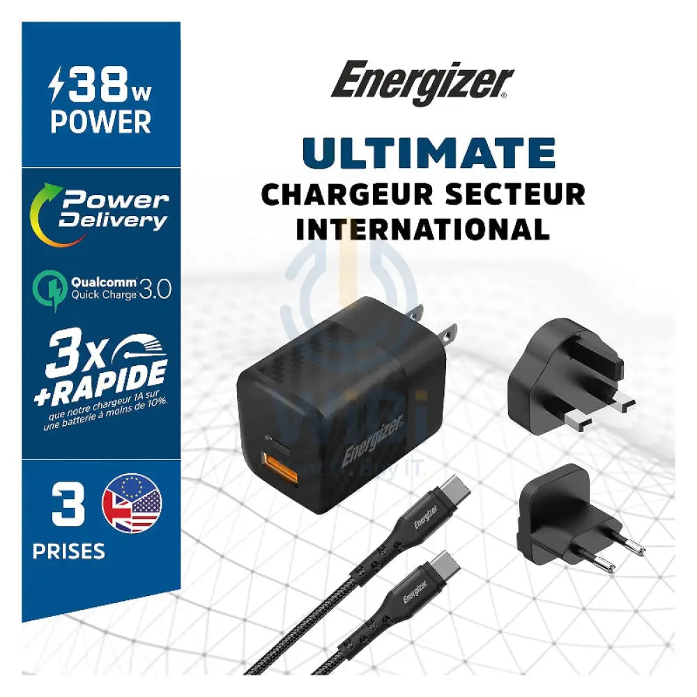 Energizer Ultimate Wall Charger with Universal Plug with Type-C Cable - 38W / Type-C / USB-A / Black Accessories >