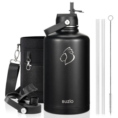 Buzio Duet Series Water Bottle with 2 Lids and Sleeve 2.5L - Black