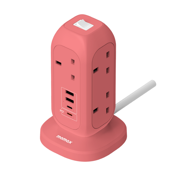 MOMAX OnePlug 7-Outlet Power Strip - USB-A / USB-C / Pink