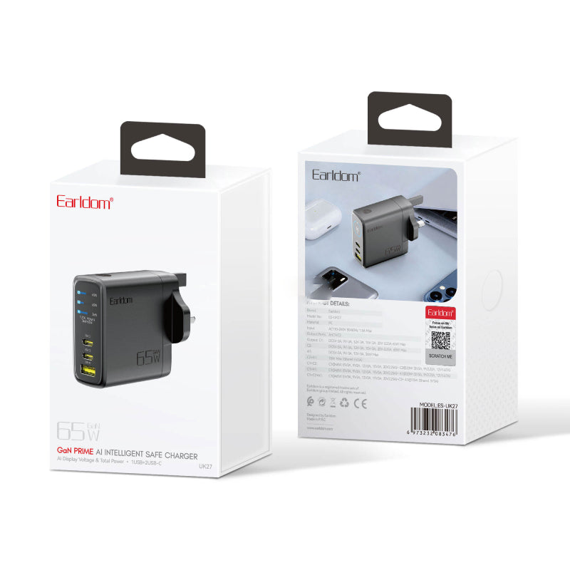 Earldom GaN Fast Charging Power Adapter - 65W / USB-C / USB-A / Black
