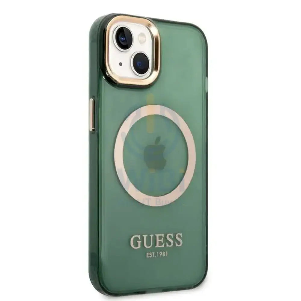 Guess Apple iPhone 14 Plus Magsafe Compatible Translucent Gold Outline & Logo - Green Accessories > Mobiles & Tablets >