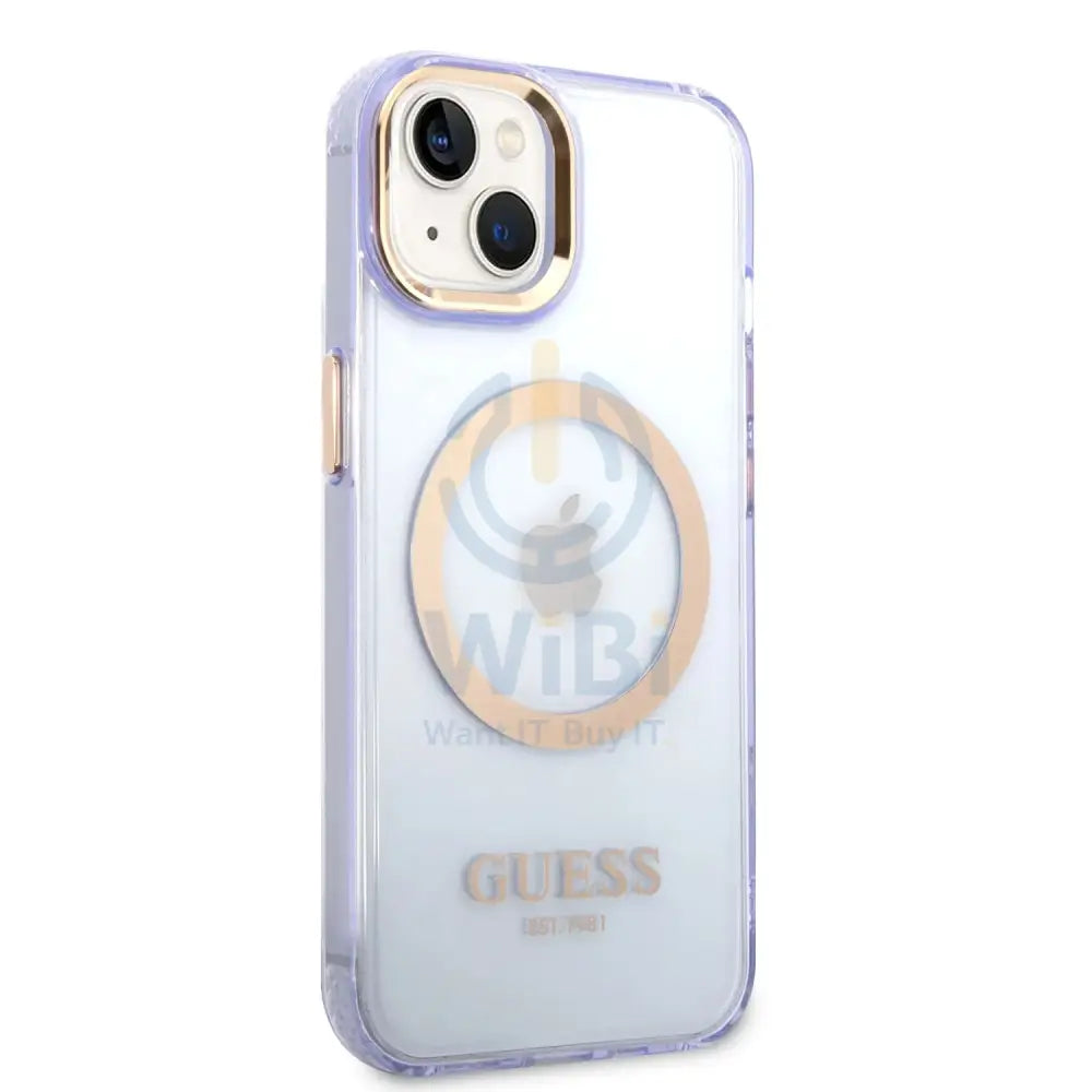 Guess Apple iPhone 14 Plus Magsafe Compatible Translucent Gold Outline & Logo - Purple Accessories > Mobiles & Tablets