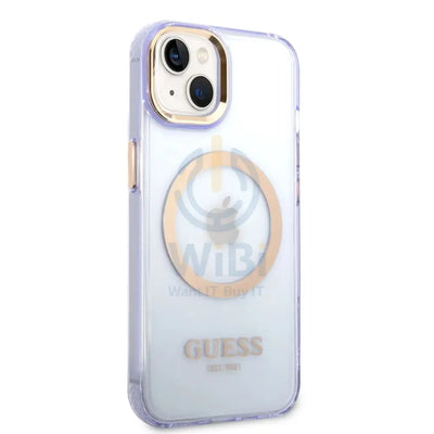 Guess Apple iPhone 14 Plus Magsafe Compatible Translucent Gold Outline & Logo - Purple Accessories > Mobiles & Tablets