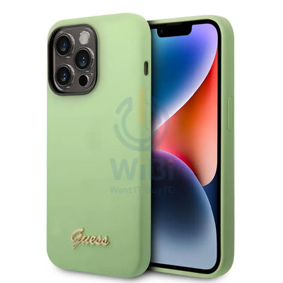 Guess Apple iPhone 14 Pro Liquid Silicone Case with PC Camera Outline & Script Metal Logo - Green Accessories > Mobiles