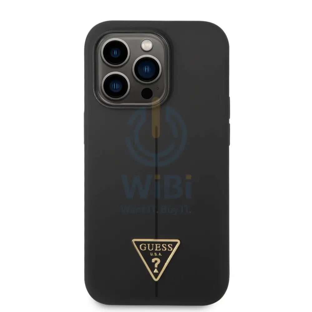 Guess Apple iPhone 14 Pro Liquid Silicone Case With Shiny Line & Metal Triangle Tone Logo- Black Accessories > Mobiles