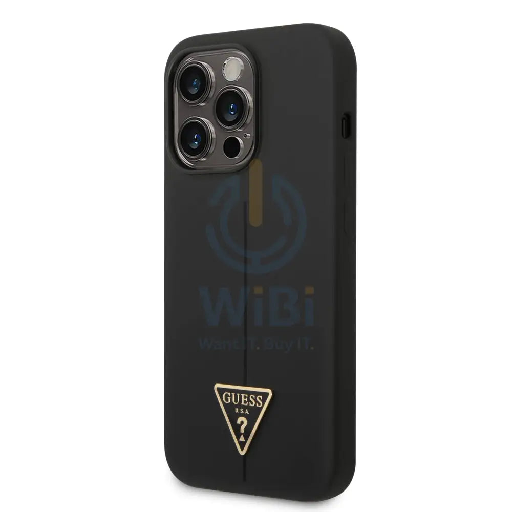 Guess Apple iPhone 14 Pro Liquid Silicone Case With Shiny Line & Metal Triangle Tone Logo- Black Accessories > Mobiles