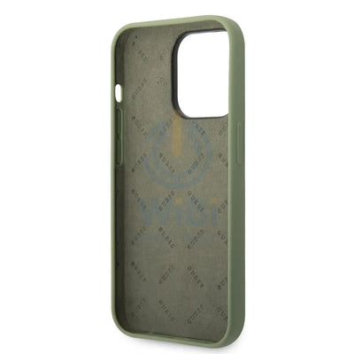 Guess Apple iPhone 14 Pro Liquid Silicone Case With Shiny Line & Metal Triangle Tone Logo - Green Accessories > Mobiles