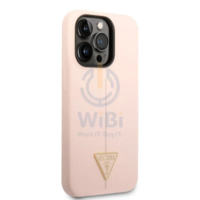 Guess Apple iPhone 14 Pro Liquid Silicone Case With Shiny Line & Metal Triangle Tone Logo - Pink Accessories > Mobiles