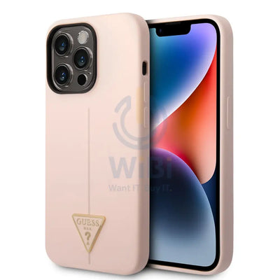 Guess Apple iPhone 14 Pro Liquid Silicone Case With Shiny Line & Metal Triangle Tone Logo - Pink Accessories > Mobiles