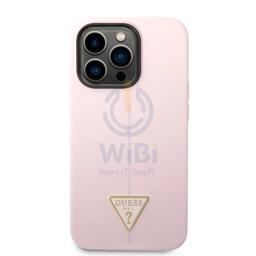 Guess Apple iPhone 14 Pro Liquid Silicone Case With Shiny Line & Metal Triangle Tone Logo - Purple Accessories >