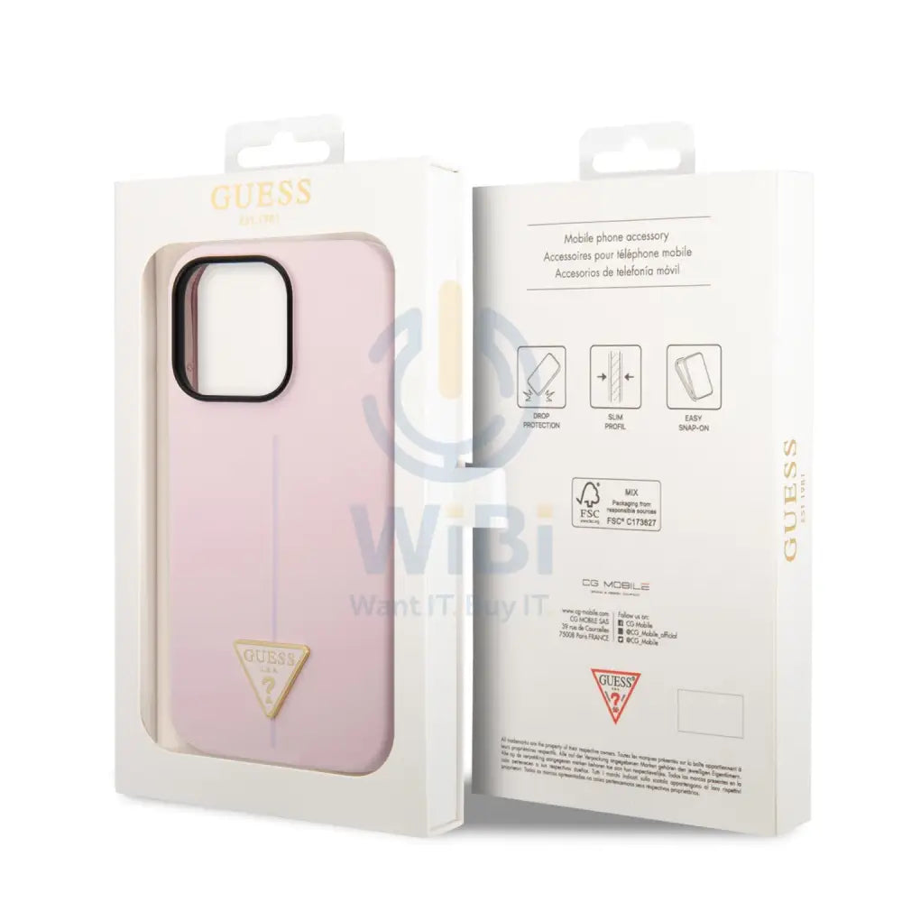 Guess Apple iPhone 14 Pro Liquid Silicone Case With Shiny Line & Metal Triangle Tone Logo - Purple Accessories >