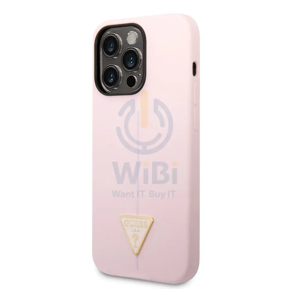 Guess Apple iPhone 14 Pro Liquid Silicone Case With Shiny Line & Metal Triangle Tone Logo - Purple Accessories >