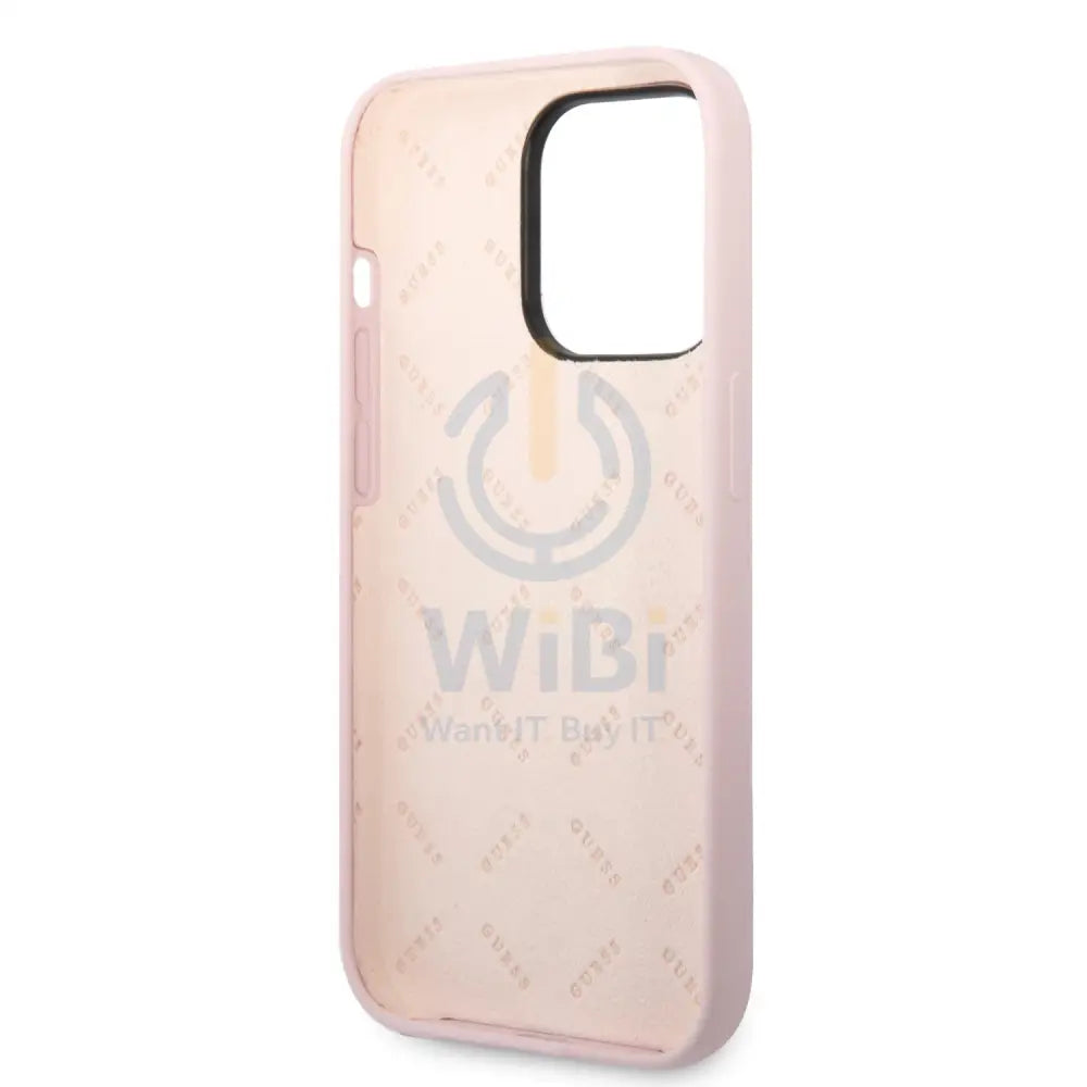 Guess Apple iPhone 14 Pro Liquid Silicone Case With Shiny Line & Metal Triangle Tone Logo - Purple Accessories >