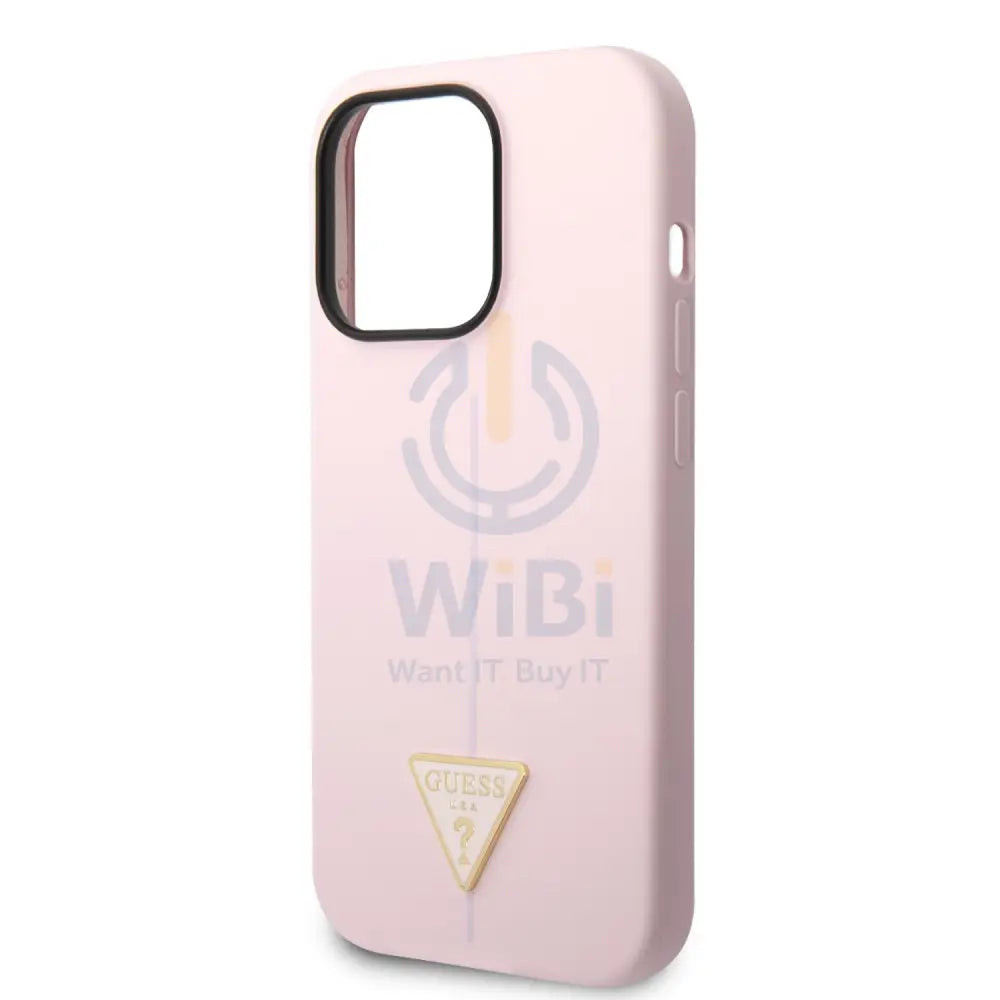 Guess Apple iPhone 14 Pro Liquid Silicone Case With Shiny Line & Metal Triangle Tone Logo - Purple Accessories >
