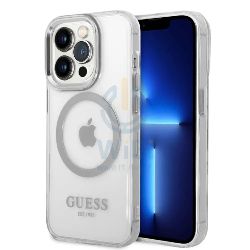 Guess Apple iPhone 14 Pro Magsafe Compatible Translucent Silver Outline & Logo - Silver Accessories > Mobiles & Tablets