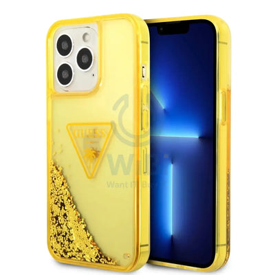 Guess Apple iPhone 14 Pro Max Liquid Glitter Case With Translucent Triangle Logo - Yellow Accessories > Mobiles &
