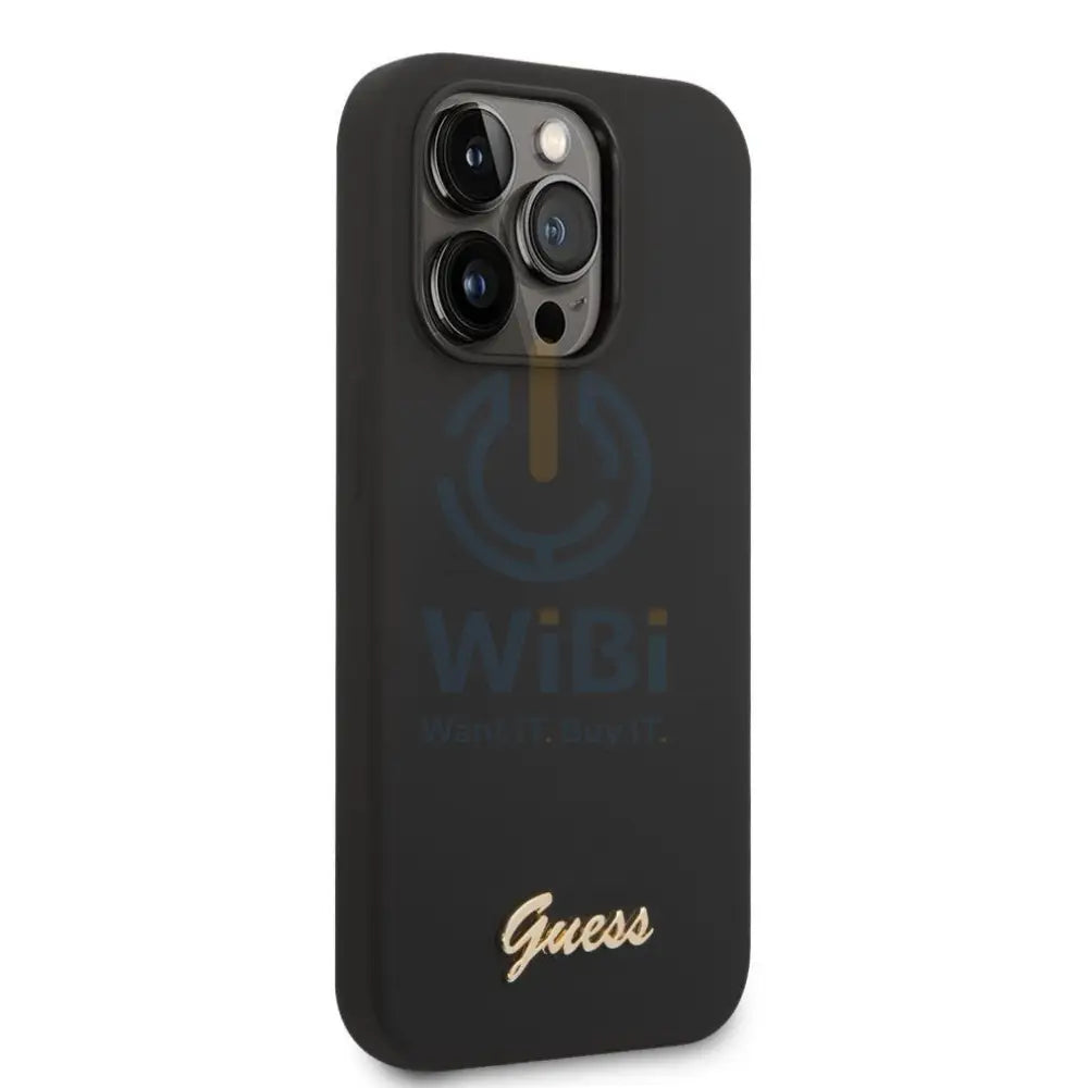 Guess Apple iPhone 14 Pro Max Liquid Silicone Case with PC Camera Outline & Script Metal Logo - Black Accessories >