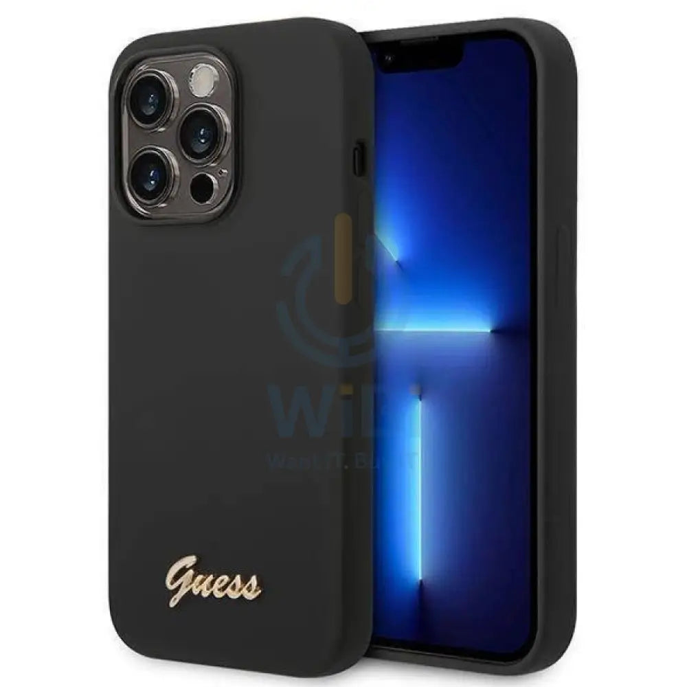 Guess Apple iPhone 14 Pro Max Liquid Silicone Case with PC Camera Outline & Script Metal Logo - Black Accessories >