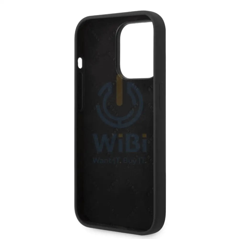 Guess Apple iPhone 14 Pro Max Liquid Silicone Case with PC Camera Outline & Script Metal Logo - Black Accessories >