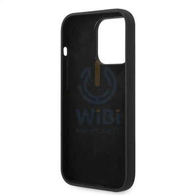 Guess Apple iPhone 14 Pro Max Liquid Silicone Case with PC Camera Outline & Script Metal Logo - Black Accessories >