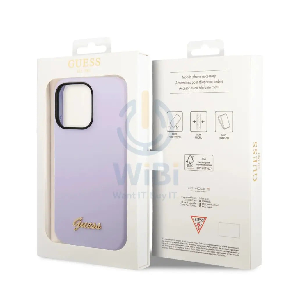 Guess Apple iPhone 14 Pro Max Liquid Silicone Case with PC Camera Outline & Script Metal Logo for - Purple Accessories