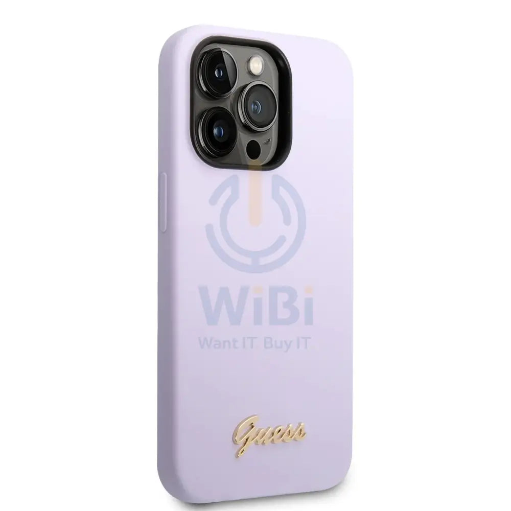 Guess Apple iPhone 14 Pro Max Liquid Silicone Case with PC Camera Outline & Script Metal Logo for - Purple Accessories