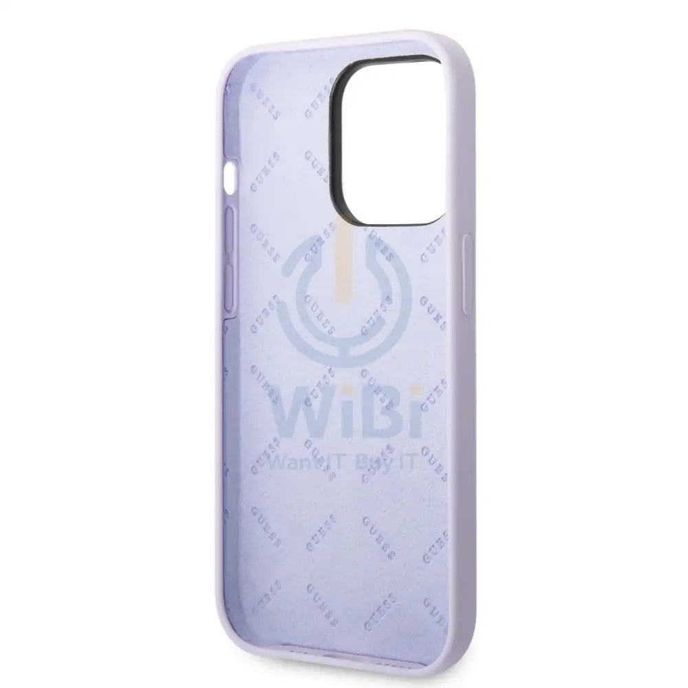 Guess Apple iPhone 14 Pro Max Liquid Silicone Case with PC Camera Outline & Script Metal Logo for - Purple Accessories